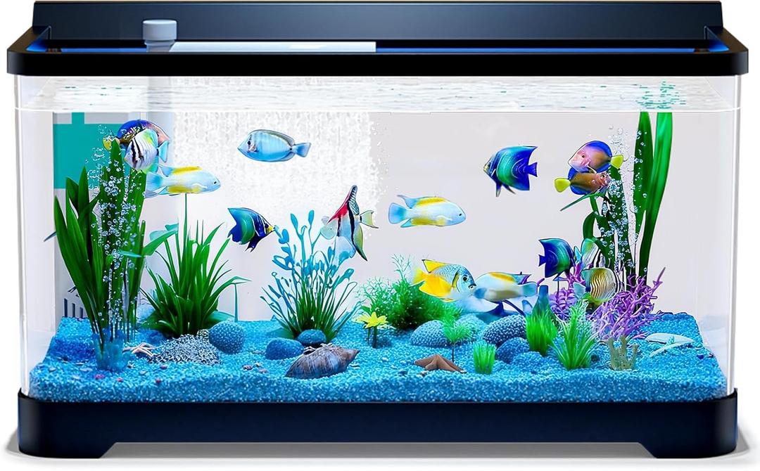 LED Aquarium Fish Tank Kit,Light + Filter + Green Plants + Blue Sand + Pineapple Houses + Shells Black, 14 Gallon