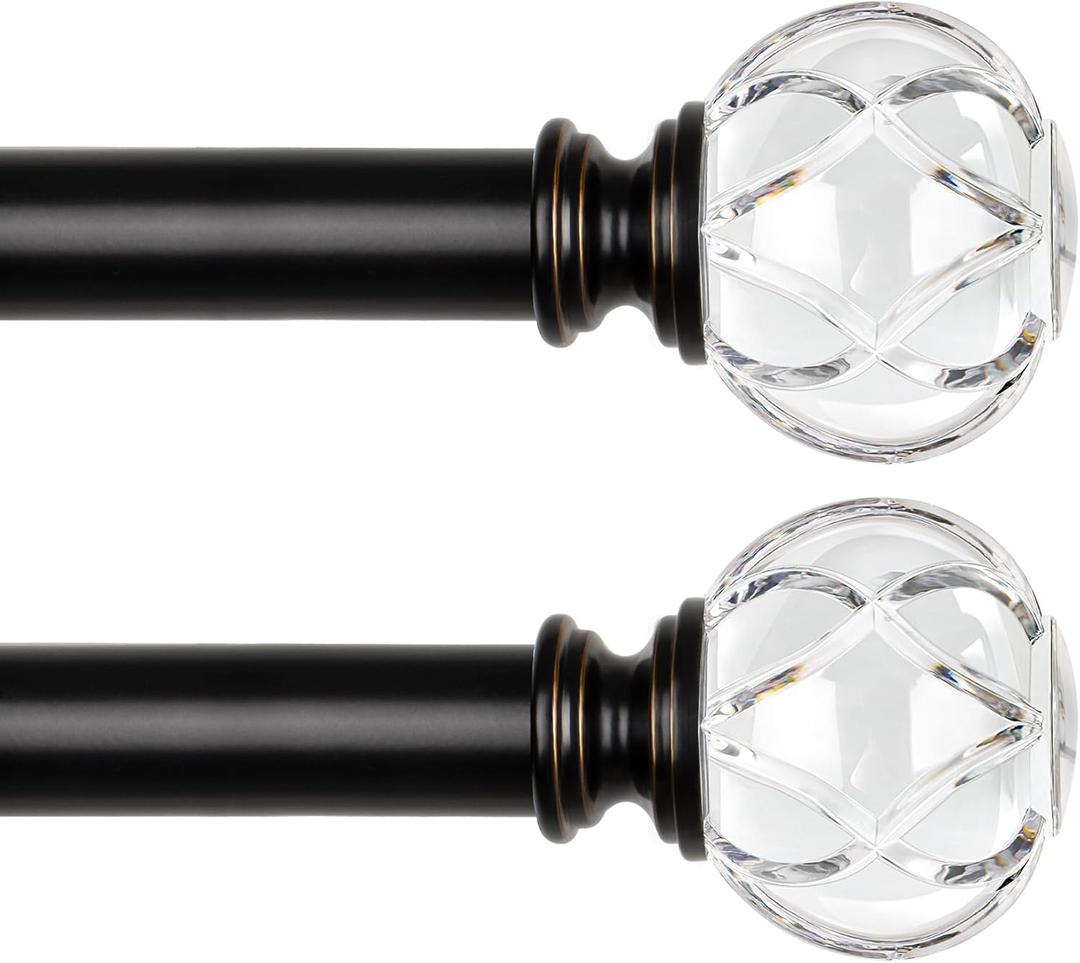 KAMANINA 2 Pack Curtain Rods 32 to 58 Inches (2.6-4.8 Feet) 1 Inch Telescoping Black Curtain Rod for Windows, Decorative Drapery Rod with Crystal Netted Texture Ends