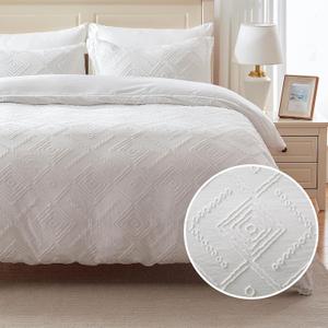 EMME White Boho Duvet Cover Twin, 2 Pieces Tufted Comforter Cover Set, Boho Embroidery Bedding Sets for All Seasons, 1 Duvet Cover + 1 Pillowcase (White, Twin)