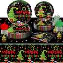 Christmas Novelty Party Tableware Set  Serves 25 Holiday Party Supplies, Disposable Plates, Tablecloth, Cups, Forks, Spoons, Knife, Napkins Dinnerware Utensils for Black Winter New Year Party