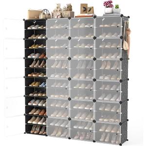 Portable Shoe Rack Organizer with Door, 96 Pairs Shoe Storage Cabinet Easy Assembly, Plastic Adjustable Shoe Storage Organizer Stackable Detachable Free Standing DIY Expandable 12 Tier Black