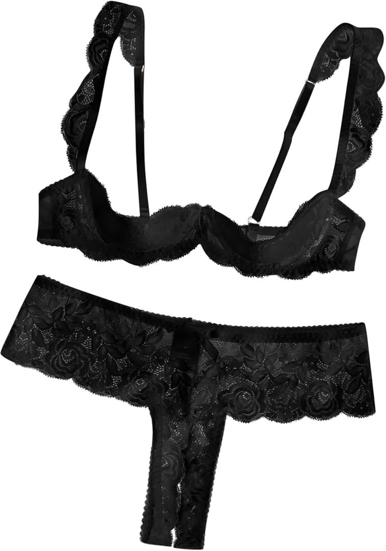 Lilosy Women Sexy White Floral Lace Sheer Lingerie Set Underwire See Through Bra and Panty (Small, Black)