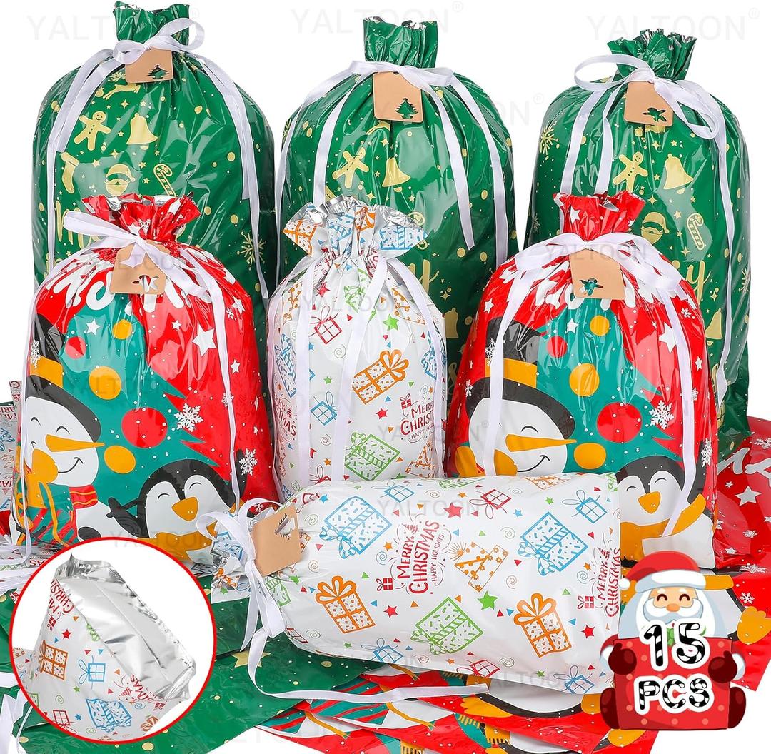 YALTOON Large Christmas Gift Bags, 15 Pack Drawstring Christmas Bags for Gifts, Holiday Gift Bag Bulk Assorted Sizes, Xmas Present Wrapping Bags