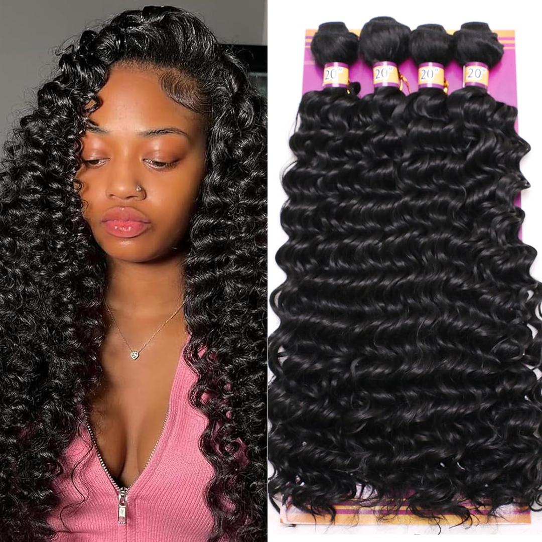 Deep Wave Bundles Synthetic Hair Quick Weave Bundle Curly High Temperature Fiber Hair Extensions for Women Black Color 20 Inches 4Pieces (Color 1B#)
