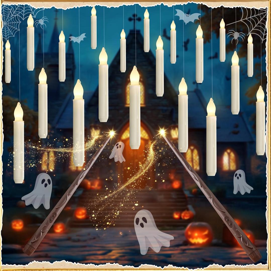 Homemory Hanging 20 Pcs Floating Candles with 2 Wand Remote and String, Flying Flameless LED Taper Candles Warm White Light, Battery Operated Window Candle for Halloween Christmas Party
