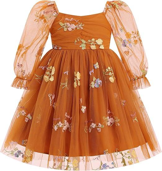 IMEKIS Toddler Girl Birthday Dress Floral Confetti Tulle Formal Wedding Party Long Sleeve Dress Cake Smash Photo Shoot 3-4Y