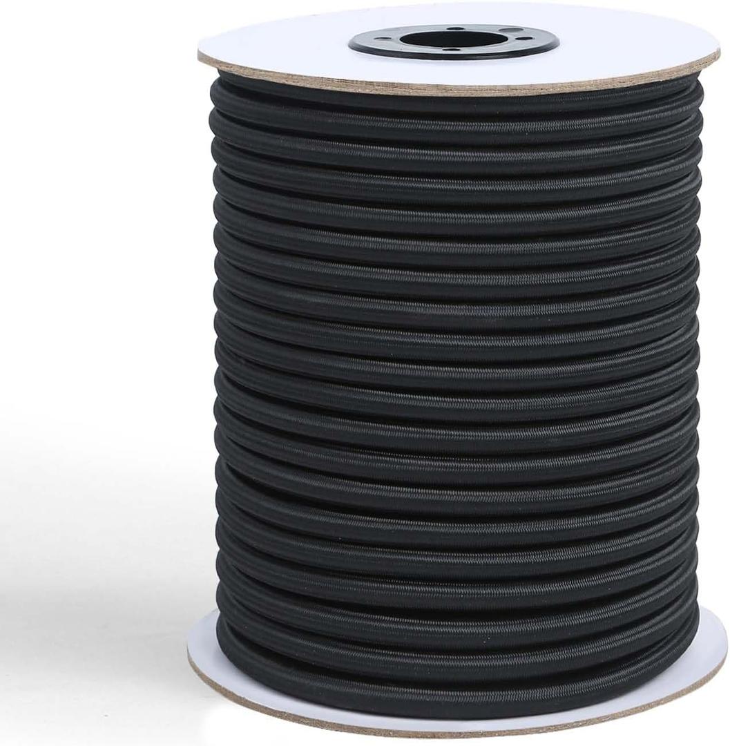 Strong and Durable Bungee Cord - 3/8" x 100ft Elastic Cord, Kayak Stretch String Rope, Bungee Shock Cords for Repairing Tent Poles, DIY, Tie Downs, Black