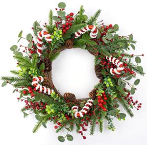 MG MagicGarden Christmas Wreaths for Front Door 20 Inches Artificial Christmas Wreath with Red Holly Berries Pine Needles Pine Cones Candy Canes for Xms Holidays