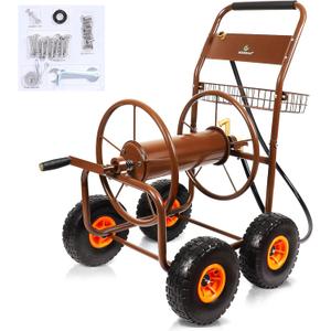 2025 Upgrade Hose Reel Cart, Hold Up to 300 ft of 5/8'', Garden Hose Cart with 4 Wheels, Heavy Duty Freestanding Water Hose Reels for Outside Garden Lawn Yard Outdoor