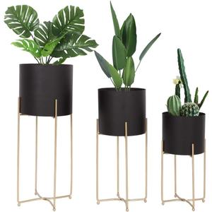 Sinolodo Mid Century Planter with Gold Plant Stand, 3 pcs Modern Planters for Indoor Plants, Metal Floor Planter Set with Foldable Stand(Pack of 3) (9''+8''+7'')