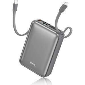 VINKO Portable Charger with Built in Cable Power Bank 22.5W 20000mAh Fast Charging USB C in & Out LED Display Phone Battery Pack Compatible with iPhone Samsung Android Phones Tablets (Gray)