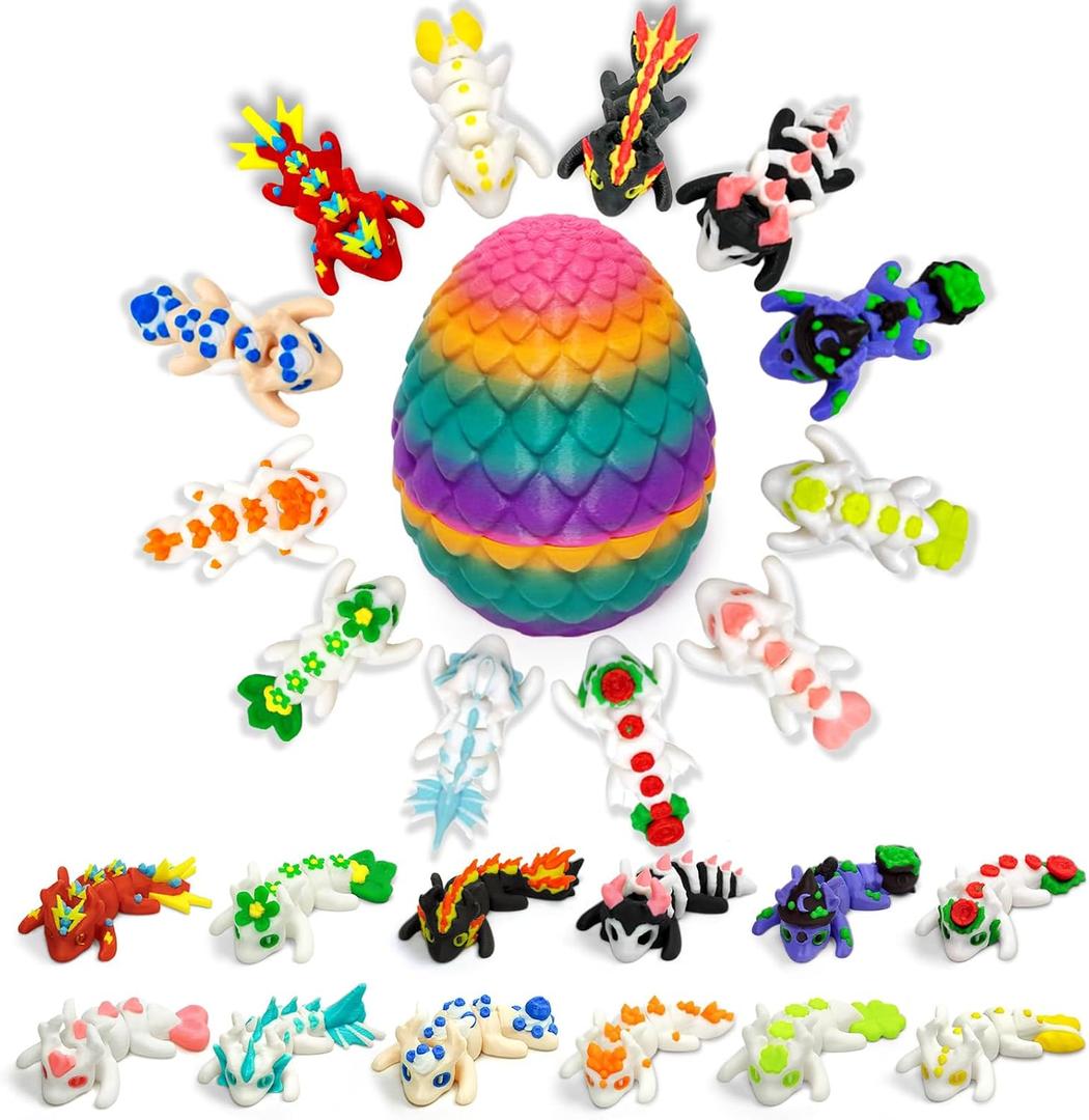 12 Pcs 3D Printed Dragon Figurines Set in Rainbow Egg - 1.9 Inch Mini Articulated Dragon Collection with Movable Joints, Fantasy Easter Decoration Gift for Adults