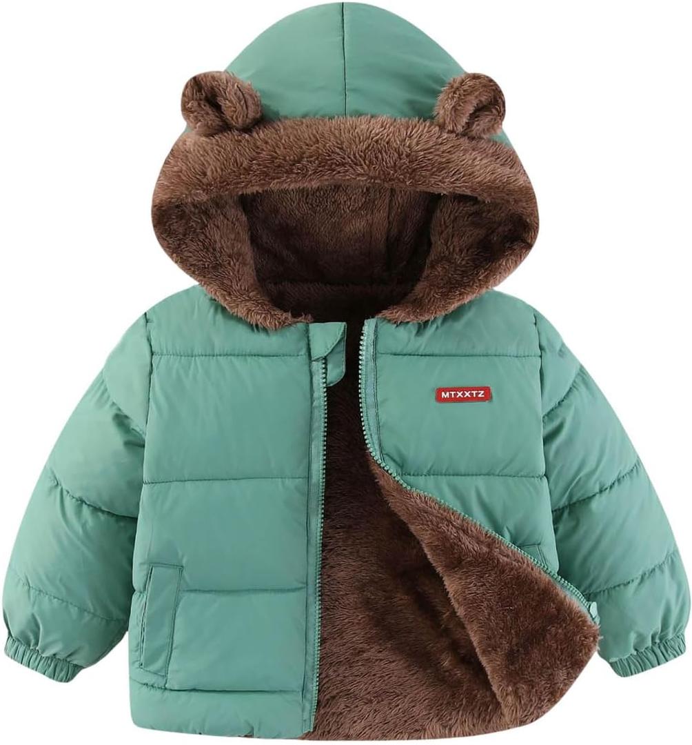Toddler Winter Puffer Coat Fleece Padded Jackets Hooded Bear Ears Outwear Clothing for Kids Boys Girls 1-6 Years (3-4T, Green)