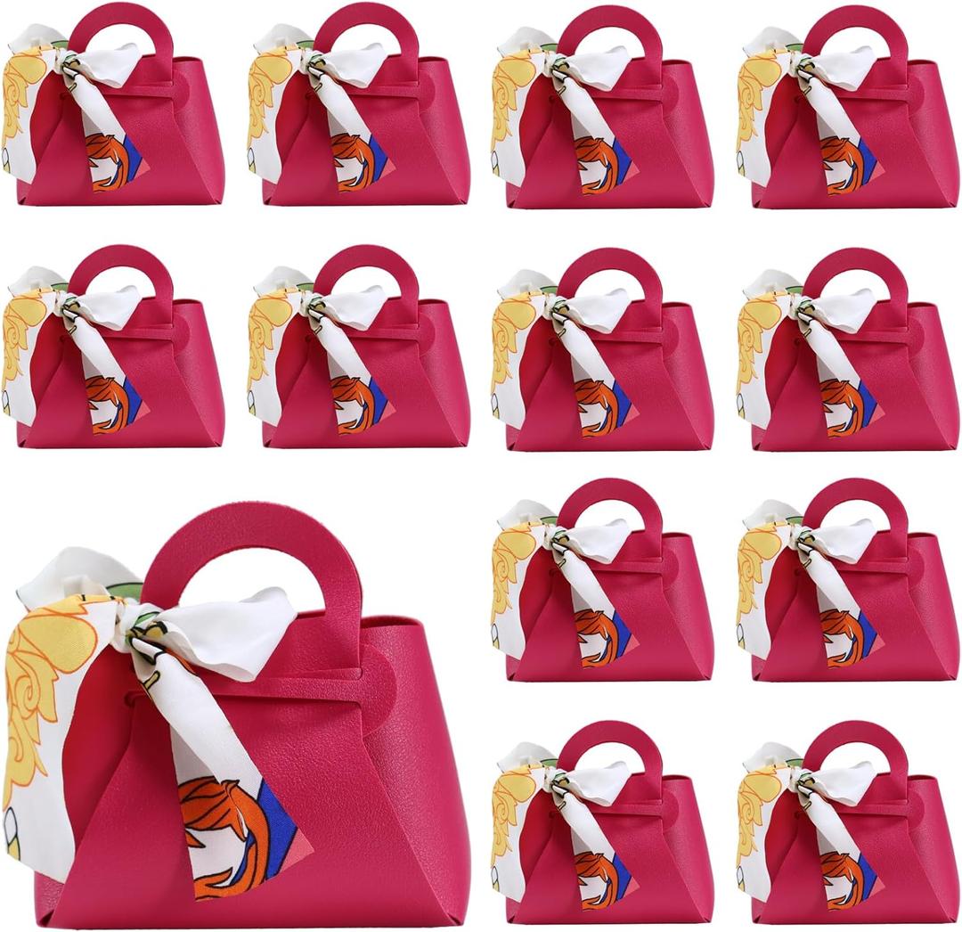 LPEIEB 12 Pack Leather Ribbon Candy Bag Gift Bags PU Wedding Gift Bags with Handle Ribbon Reusable Party Favor Boxes for Weddings Birthdays Christmas Baby Showers Halloween(Rose)