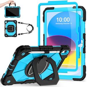 Auizotl Case for iPad (A16)11th /10th Generation 11/10.9 Inch 2025/2022 with Screen Protector Rotating Stand Shoulder Strap Pencil Holder,Military Grade Shockproof iPad Case 10th Generation,Black Blue