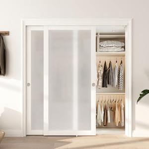 BarnBase Sliding Closet Door 72"(Double 37") x 80", Full-Lite Frosted Glass Closet Door with Hardware Kit & Matching Fascia, Sturdy Solid Wood & MDF with Water-Proof PVC Surface, Pre-Drilled