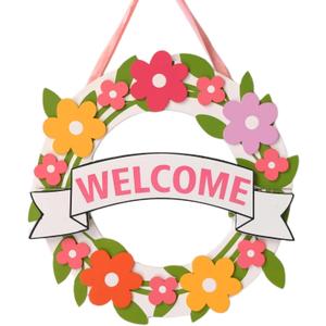 13 Inch Spring Welcome Wreath -Colorful Floral Door Hanger with Welcome Banner for All-Season Home Porch Front Door Fireplace Wall Decor Party Store Holiday Decor