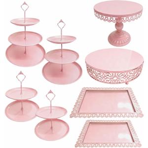 8 Pcs Cake Stands Set Metal Dessert Table Display Tiered Cupcake Holder Candy Donut Fruit Plate Cake Serving Tray Candlestick Display Treats Serving Tower for Wedding Birthday Party Decor (Pink)