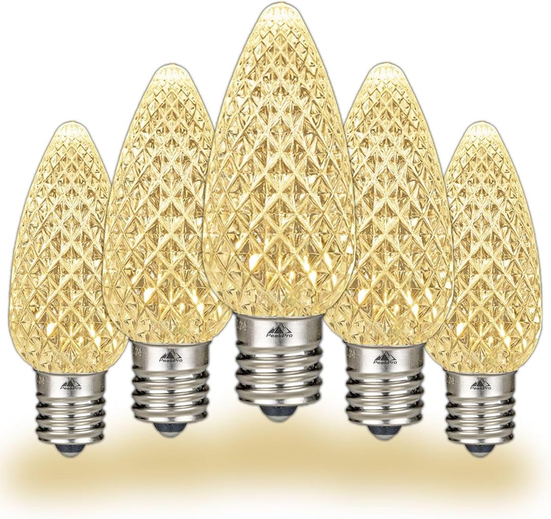 Novelty Lights 25 Pack C9 LED Bulbs, Dimmable Faceted Outdoor LED Christmas Lights Replacement Bulbs, Warm White E17 Base, 0.5w
