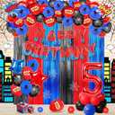 5th Birthday Decorations For Boys,Red Spider Web Birthday Decorations,Large Number 5 Balloon,Foil Fringe Curtains,Red Blue Balloons