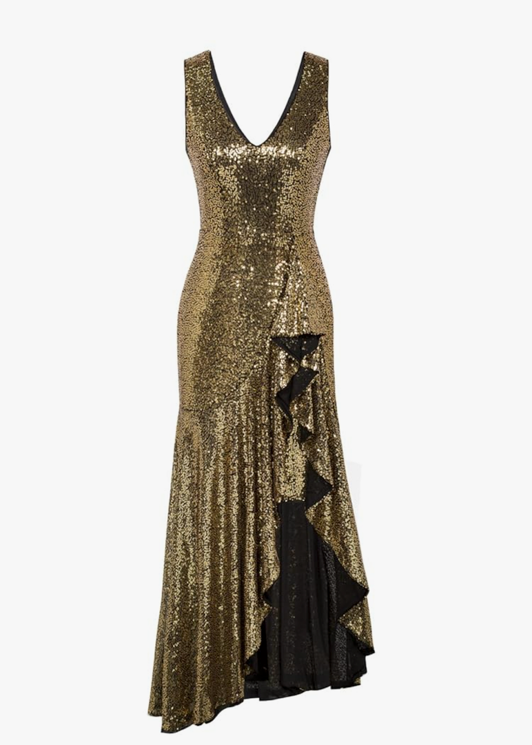 GRACE KARIN Womens Sequin Dress Sleeveless Cockatil Dress High Low Hem Wedding Party Ruffle Maxi Dress Evening Gown Gold, X-Large