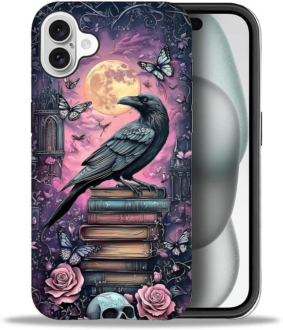 CARLOCA Case for iPhone 16,Gothic Purple Bookshelf Crow Soft TPU + Hard PC 2-in-1,Shockproof Anti-Scratch Protective Case Compatible with iPhone 16
