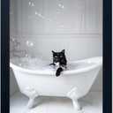 Framed Black Cat Bathroom Decor Funny Animal Bathroom Wall Art Black and White Canvas Print Artwork for Wall (10"L x 8"W, JJ002)