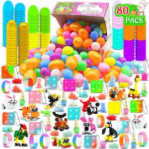 80 PCS Prefilled Easter Eggs with Toys Inside, Easter Basket Stuffers, Easter Egg Filled with Assortment Toys, Easter Eggs Hunt Party Favors for Kids, Classroom Prize Supplies