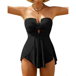 XUNYU One Piece Swimsuits for Women Bandeau Strapless Bathing Suits Tummy Control Modest Swim Dress Cute Teens Swim Suit 2026 (Black, XL)