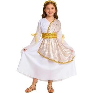 FairySassy Little Girls Halloween Greek Goddess Costume Toga God Dress with Roman Crown Leaf Wreath (9-10 Years,Gold)