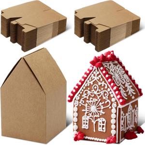 Cholemy 50 Pack Christmas Gingerbread House Box Kit DIY Crafts Cookie House Shaped Cardboard Boxes DIY Build Gingerbread Houses Crafts Supplies for Xmas Holiday Party Supplies(Brown)