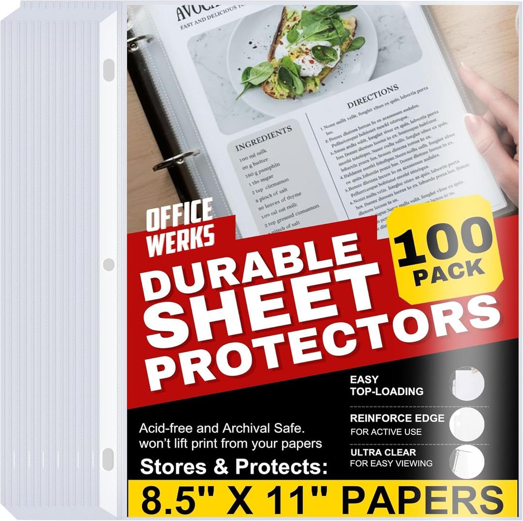 Office Werks 100 Clear Sheet Protectors, 8.5x11 Inch for 3 Ring Binder, Plastic Sheet Sleeves, Top Loading Paper Protector with Reinforced Holes, Archival Safe for Documents and Photos