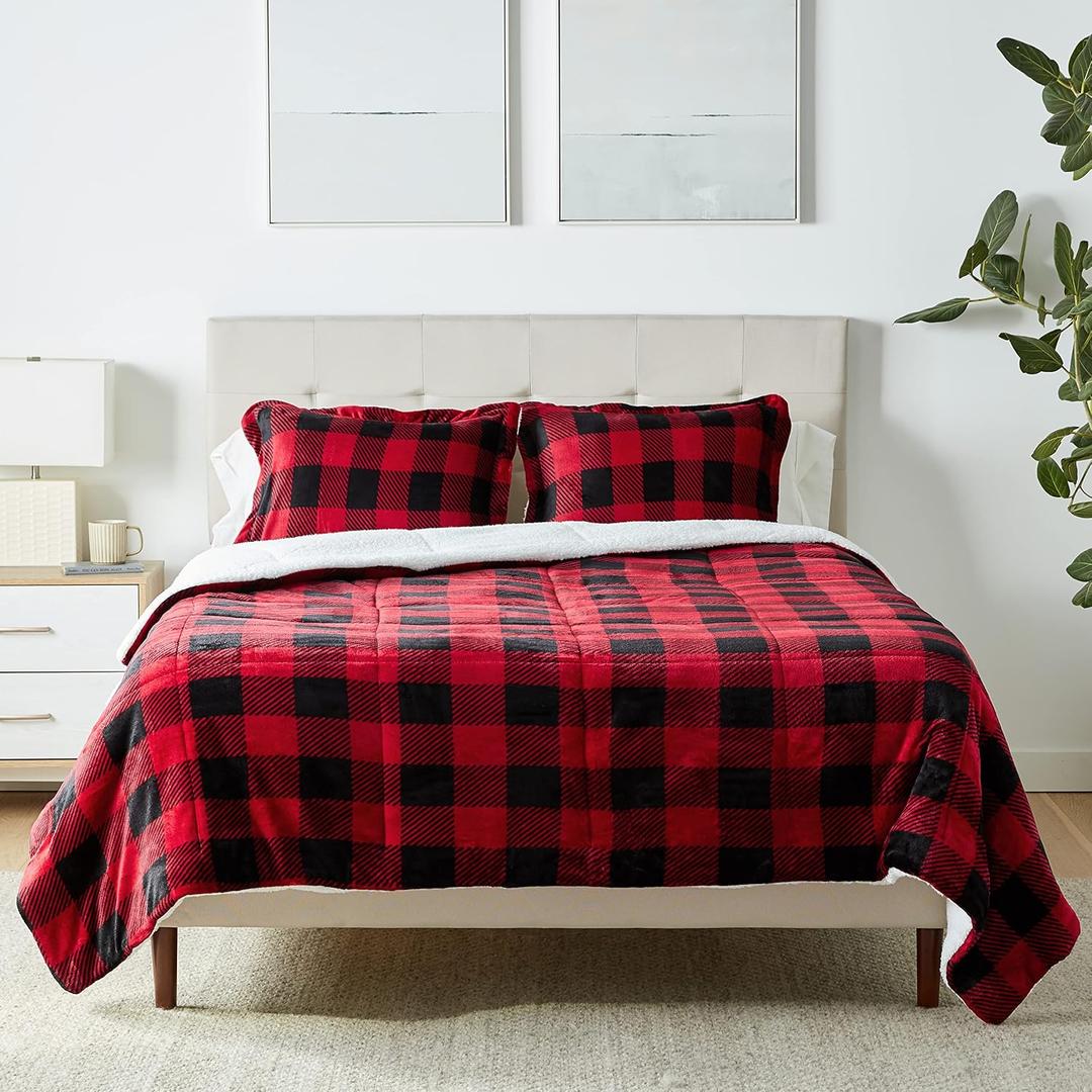 3 Piece Bedding Set, Micromink Sherpa, Ultra-Soft, Warm All Season Comforter, Full/Queen, Red Buffalo Plaid