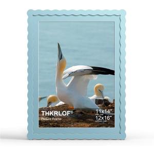 12x16 Picture Frame with Mat for 11x14, Wavy Edge Wooden Real Glass Photo Frame for Wall Hanging, Blue, 1 Pack