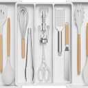 Lifewit Utensil Organizer for Kitchen Drawers, Expandable Cooking Utensil Tray, Adjustable Cutlery Silverware Flatware Holder, Plastic Spatula Tools Storage Divider, 13-22 x 15", White