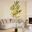 Artificial Olive Trees, 6FT Tall Faux Olive Tree with Lights Moss and Planter, Artificial Plants Indoor with Natural Wood Trunk and Lifelike Fruits Fake Plant for Home Office Living Room Decor