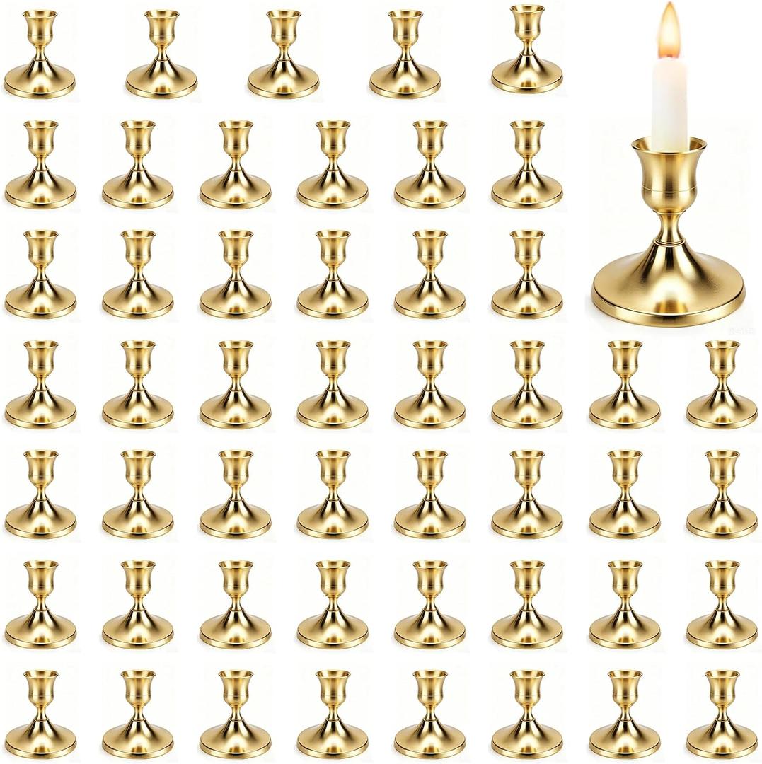 50 Pack Brass Gold Candle Holders, Fashion Gold Candlestick Holders
