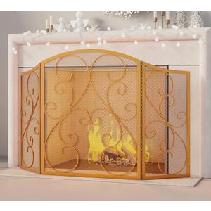 Fire Beauty Fireplace Screen 3 Panel Wrought Iron Metal 48"(L) x30(H) Spark Guard Cover(Golden Dusting)