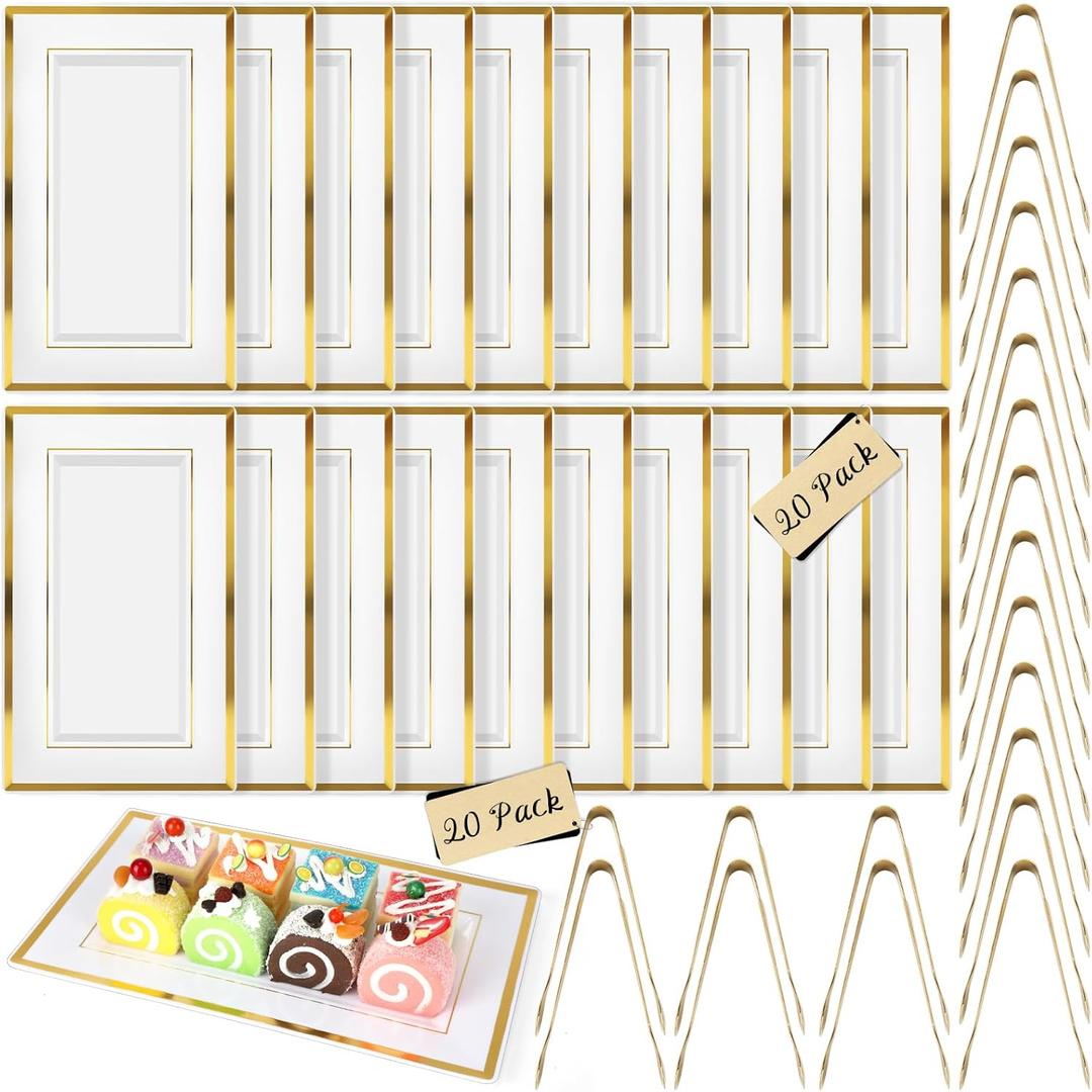 20 Sets Plastic Serving Tray,White & Gold Rim Food Trays with Stainless Serve Tongs,Versatile Serving Trays for Party, Serving Platter for Party, Food, Fruit, Dessert, Tea Party, Wedding