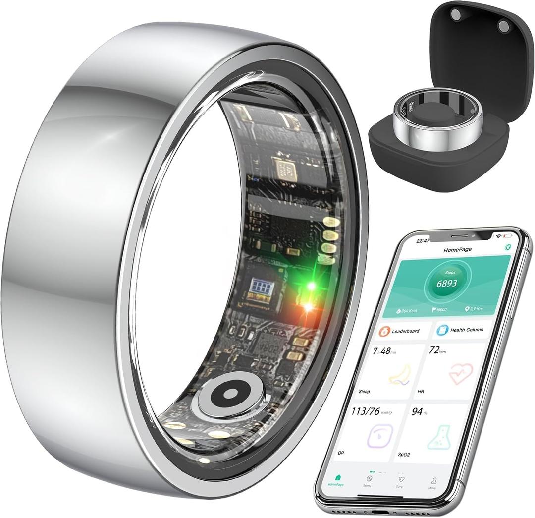 Smart Health Ring for Women Men,Fitness Rings Tracker with Blood Pressure Monitor Heart Rate Blood Oxygen Sleep Monitor IP68 Waterproof Step Counter Calorie Tracker Health Rings for Android iOS Phones (7, Silver)