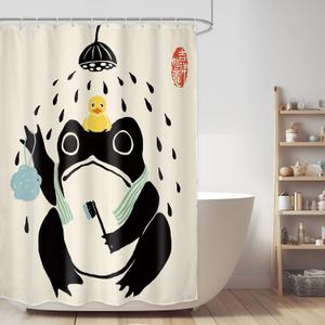 Funny Frog Shower Curtain Bathroom Set 54Wx78H Inches Retro Asian Traditional Cute Animal Japanese Style Black Beige Rubber Duck Bath Accessories Frog Art Home Decor Fabric 12 Pack Hooks