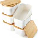 Storage Bins With Lids Pack of 6 Plastic Storage Containers With Bamboo Lids Stackable Storage Baskets for Organizing Desktop Closet Playroom Classroom Office,White,10.8" L x 7.3" W x 5.1" H