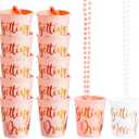Sparkle and Bash Set of 12 Beaded Bachelorette Shot Glass Necklaces for Bridal Shower, White Bride Cup and Pink Bridesmaids Glasses, Gold Foil Design