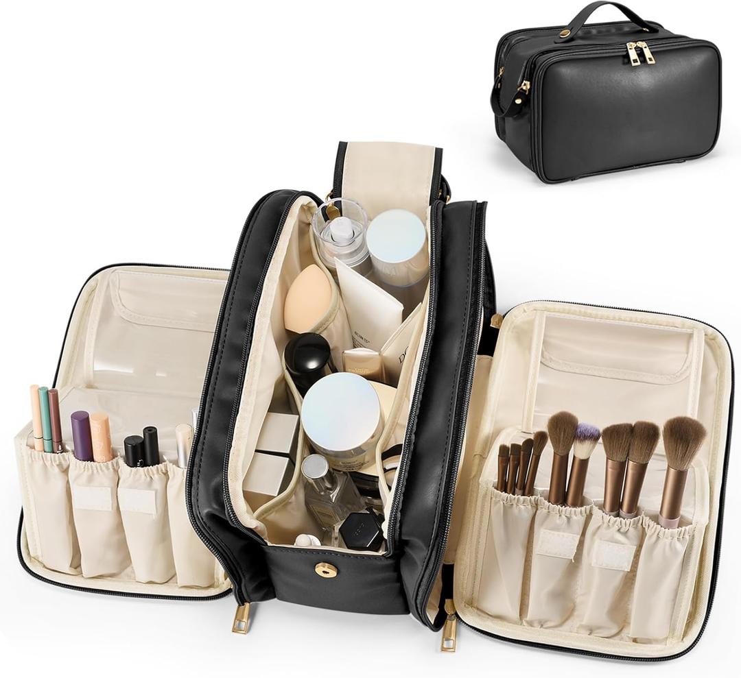 Travel Makeup Bag Women's Large Capacity Cosmetic Portable Organizer Large Opening Waterproof Storage Toiletry Bags Vertical Free-Standing Brush Holder for Easy Access Black