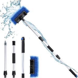54" Flow-Thru Car Wash Brush with Long Handle, Soft Bristle Car Washing Brush with Extendable Handle and Hose Attachment for Car, RV, SUV, Truck, Boat, House Siding, Solar Panels, Blue