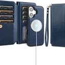 Antsturdy Compatible with Magsafe Magnetic 2 in 1 Detachable iPhone 17 Wallet Case with Credit Card Holder Slots,PU Leather RFID Blocking Phone Cover Wrist Strap Zipper Women Men,Dark Blue