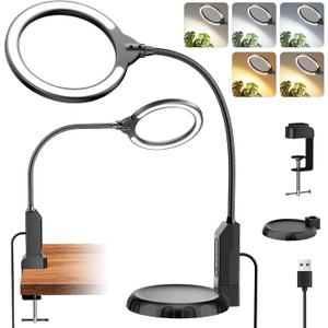 Magnifying Glass with Light and Stand, 15X & 8X Magnifying Lamp with Clamp, 5 Color Lighting Modes Stepless Dimmable LED Desk Lamp Hands Free for Crafts Hobby Reading Painting Sewing Close Work (Black)
