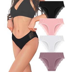 FINETOO Cotton Underwear for Women Sexy Lace Bikini Panties Low Rise Soft Stretch ladies Cheeky Hipster 4 Pack(4A, M)