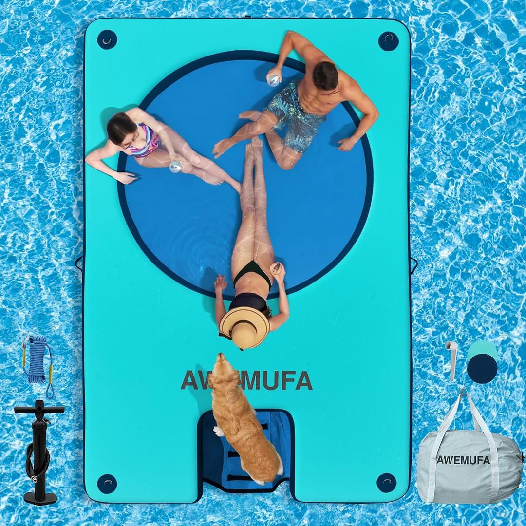 AWEMUFA 12ft x 8ft Inflatable Dock Platform Floats with Boat Ramp, Floating Dock with Mesh Inflatable Raft Island Water Hammock, Tanning Pool Lounger Water Mat for Family Party Pool Beach Ocean