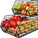 2 Tier Stackable Wire Basket-Kitchen Counter, Pantry Organization and Storage - Cabinet, Countertop Space Saving Organizing - Produce, Fruit, Vegetable,Onion, Potato, Bread Organizer Bin (Large, Black)